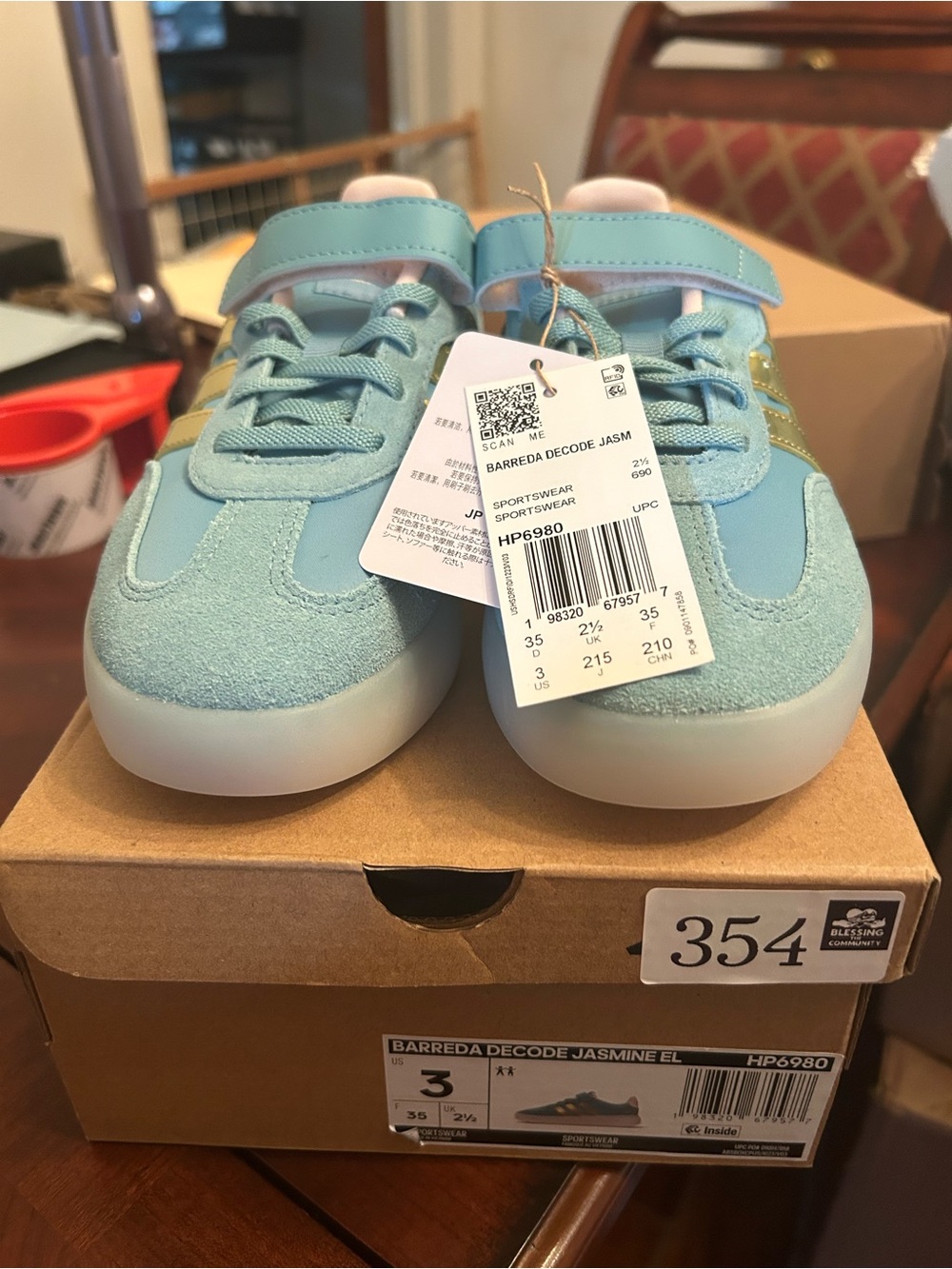 adidas Kids Jasmine Sneakers in Light Blue with Gold Accent